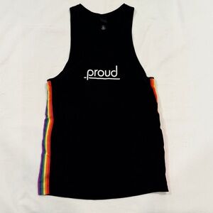 H & M "PROUD" LGBTQA Tank Top Racer Back Side Rainbow Stripes Size Small